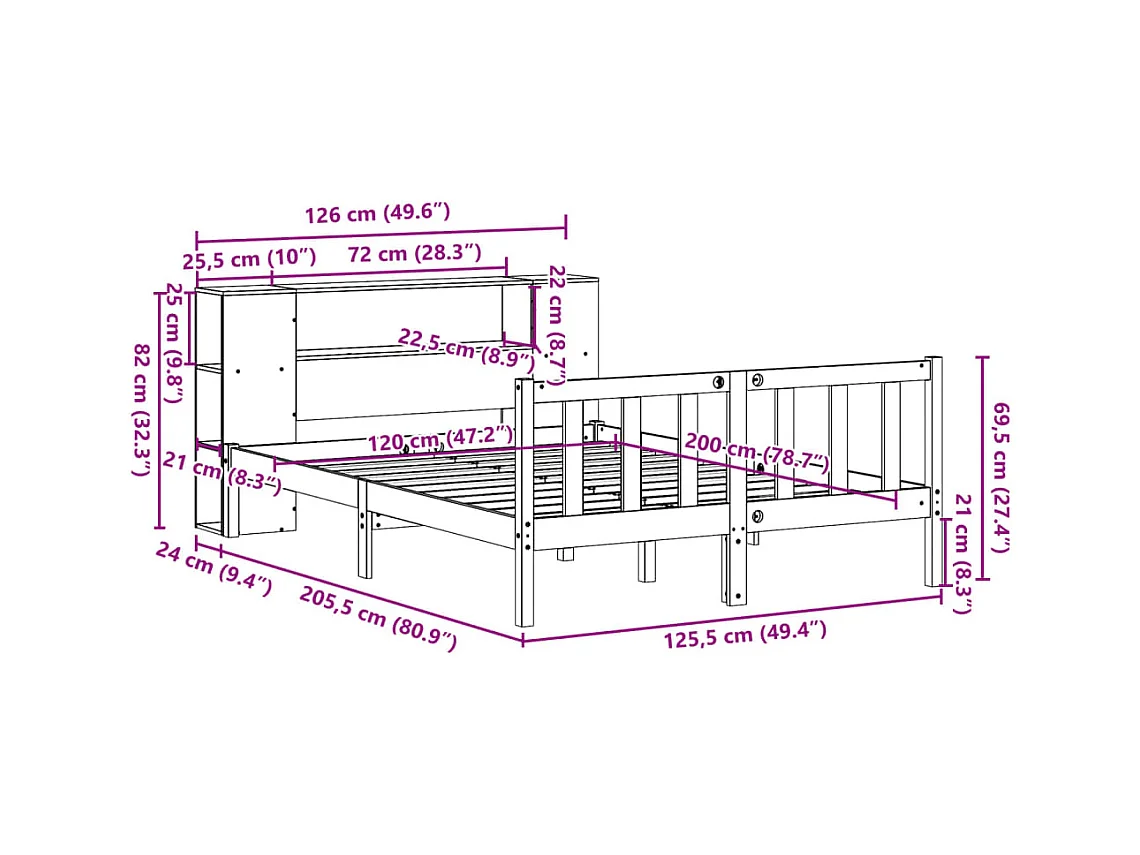 Lit bibliothèque sans matelas blanc 120x200 cm bois pin massif