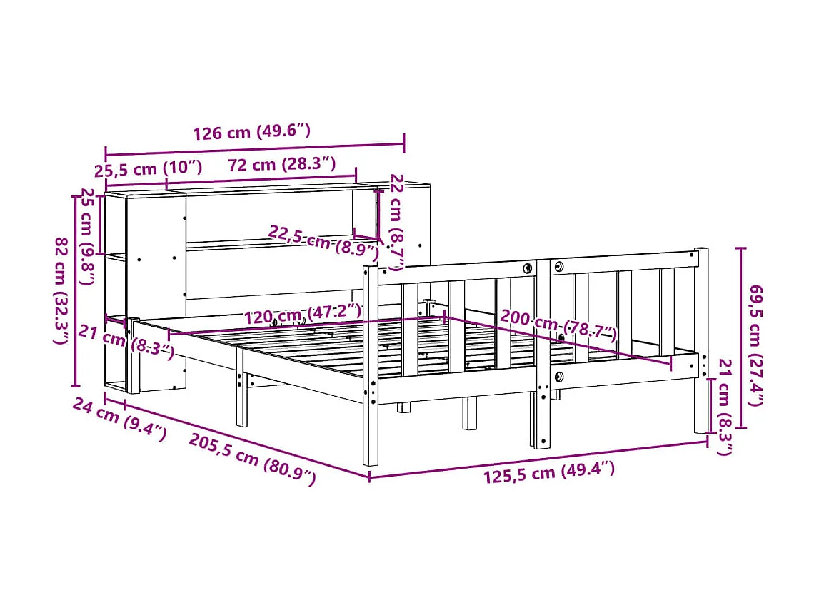 Bed met boekenkast zonder matras grenenhout wit 120x200 cm