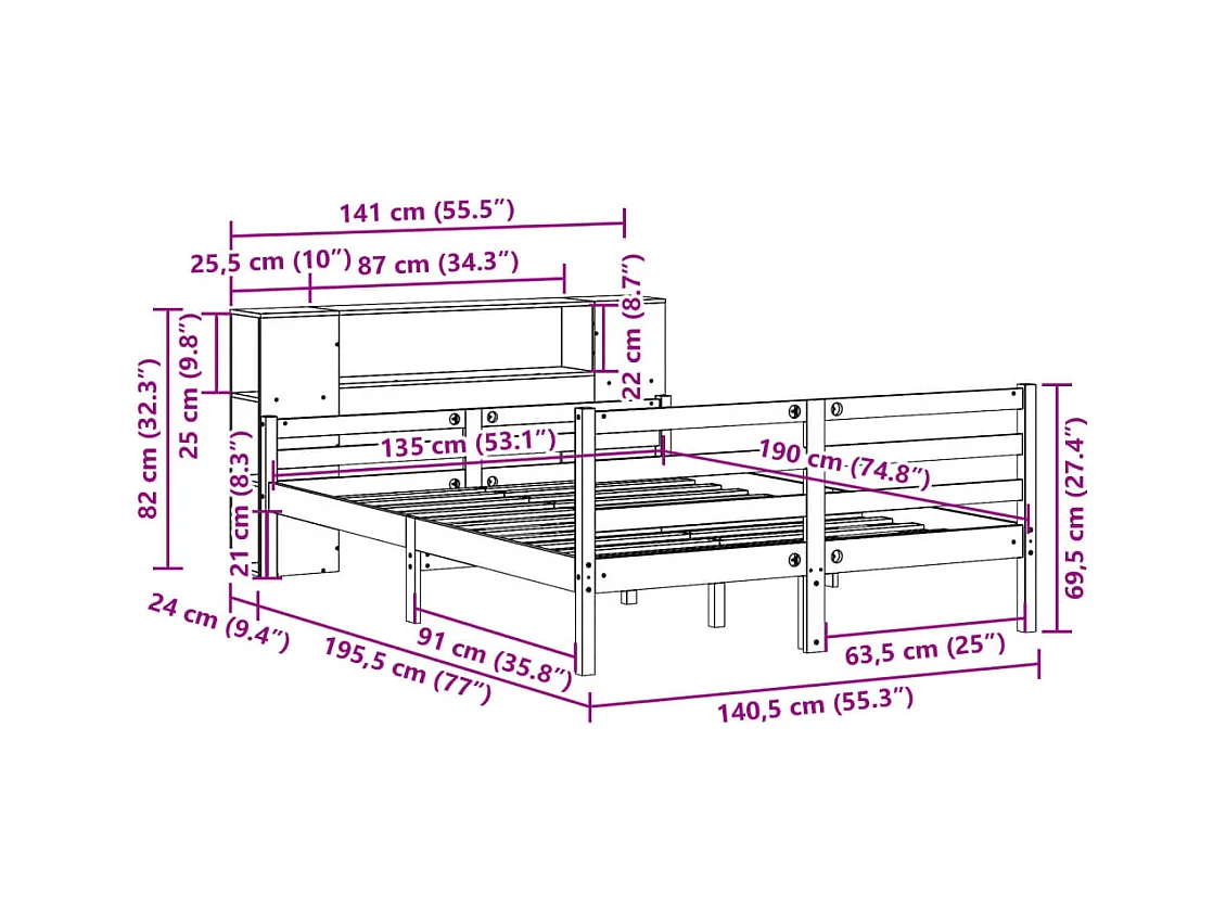 Letto Libreria senza Materasso 135x190 cm in Legno di Pino