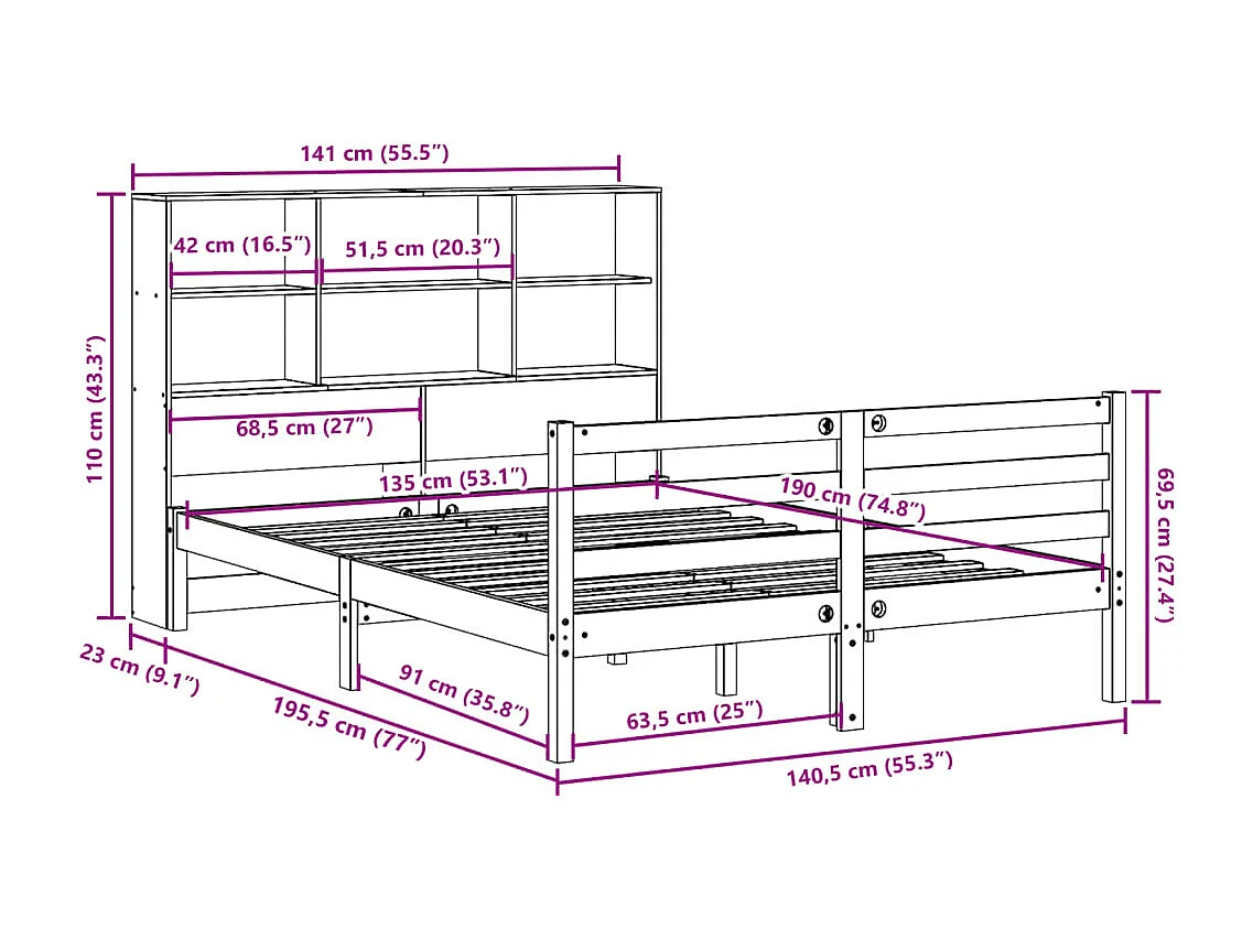 Lit bibliothèque sans matelas 135x190 cm bois de pin massif