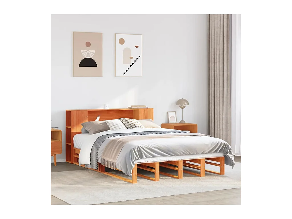 Lit bibliothèque sans matelas cire marron 120x200cm bois massif