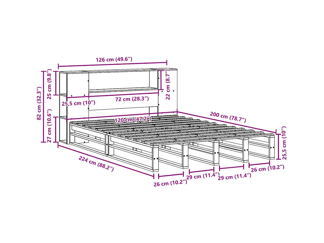 Lit bibliothèque sans matelas cire marron 120x200cm bois massif