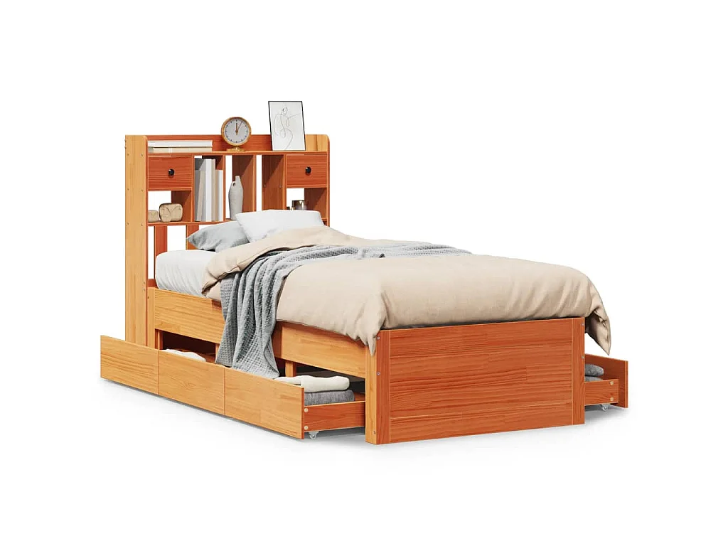 Letto Libreria senza Materasso Marrone Cera 75x190 cm in Pino