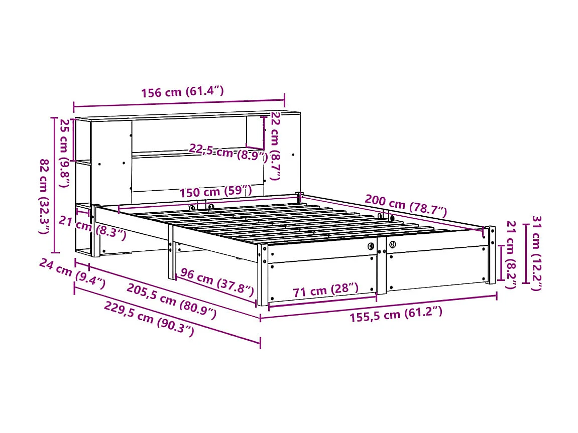 Lit bibliothèque sans matelas blanc 150x200 cm bois pin massif