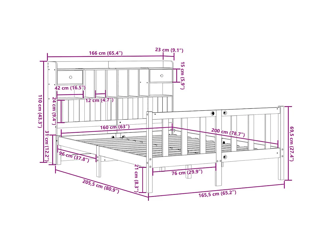 Lit bibliothèque sans matelas blanc 160x200 cm bois pin massif