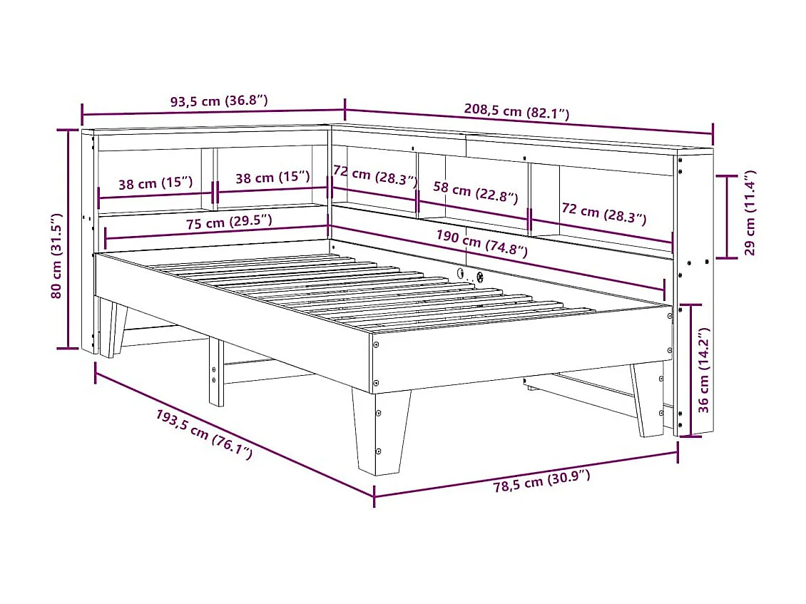 Bed met boekenkast zonder matras grenenhout wasbruin 75x190 cm