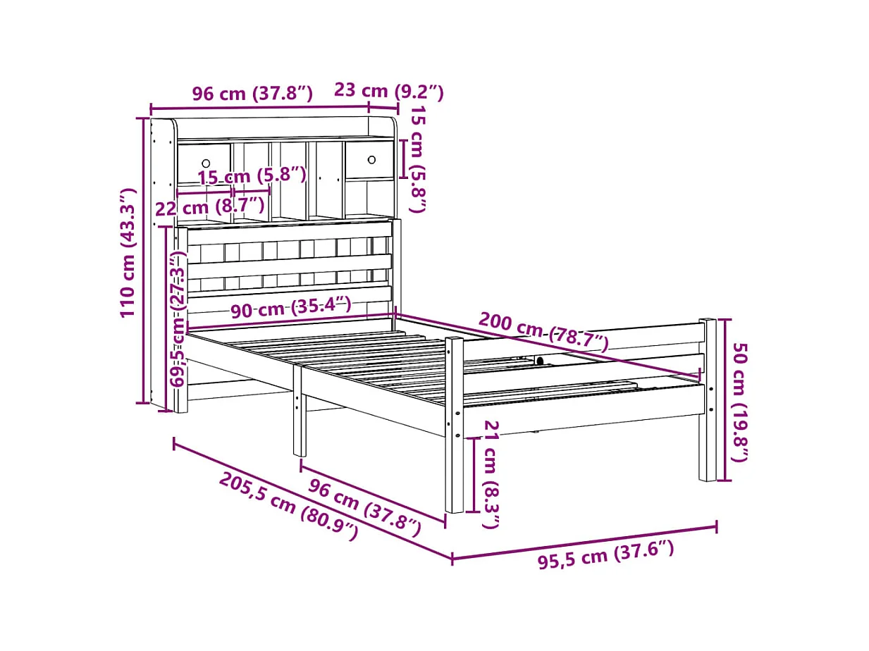 Lit bibliothèque sans matelas 90x200 cm bois de pin massif