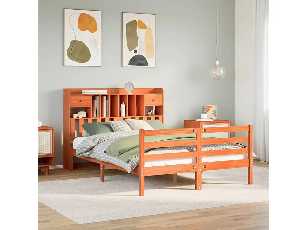 Lit bibliothèque sans matelas cire marron 150x200 cm pin massif