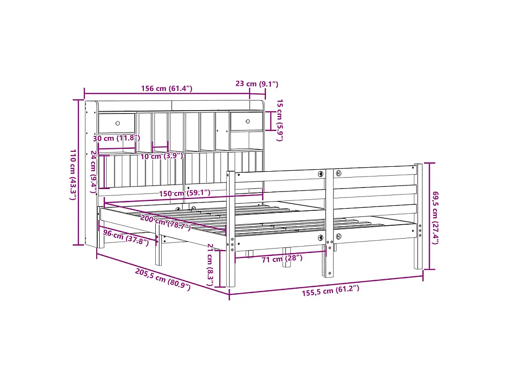 Lit bibliothèque sans matelas cire marron 150x200 cm pin massif