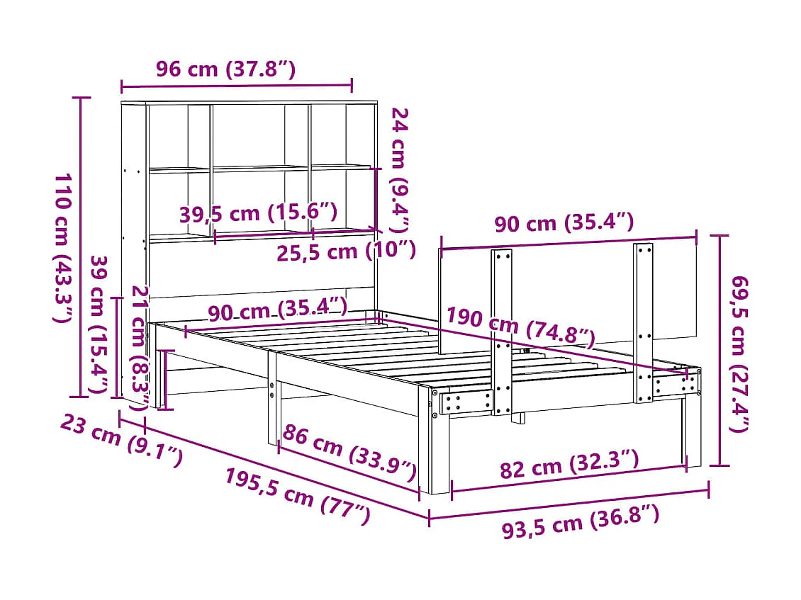 Letto Libreria senza Materasso 90x190 cm Legno Massello Pino