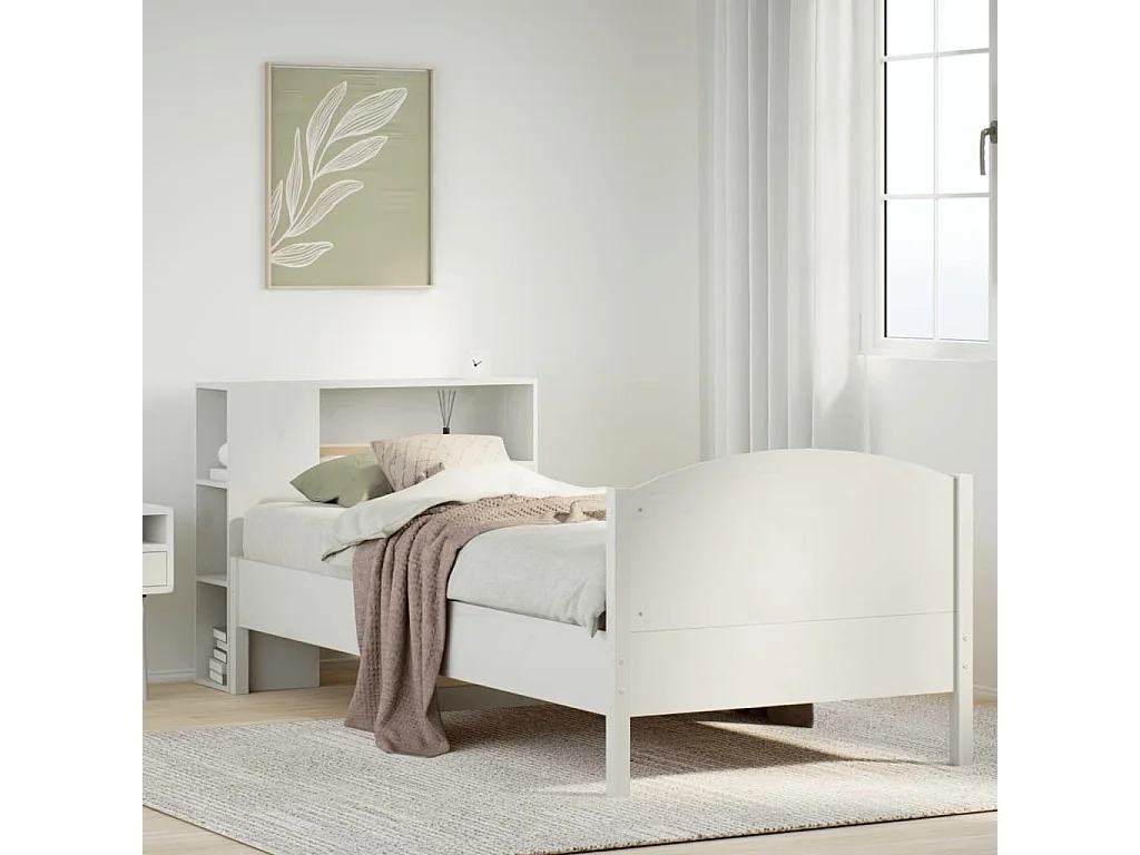 Cama con estantería sin colchón madera maciza blanca 75x190 cm