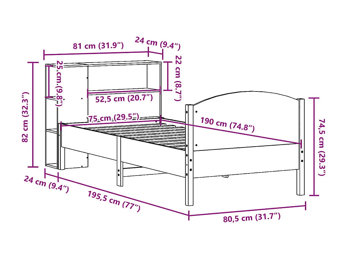 Cama con estantería sin colchón madera maciza blanca 75x190 cm