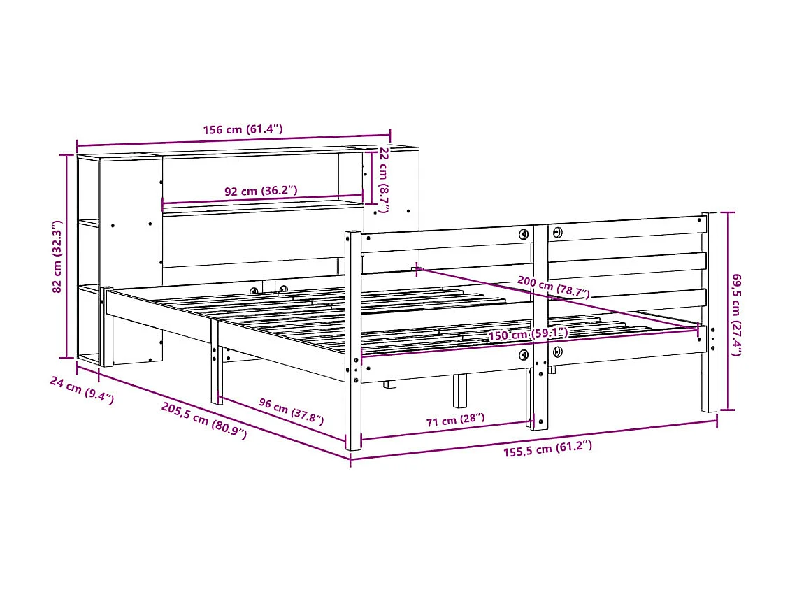 Massivholzbett mit Regal ohne Matratze 150x200 cm Kiefernholz