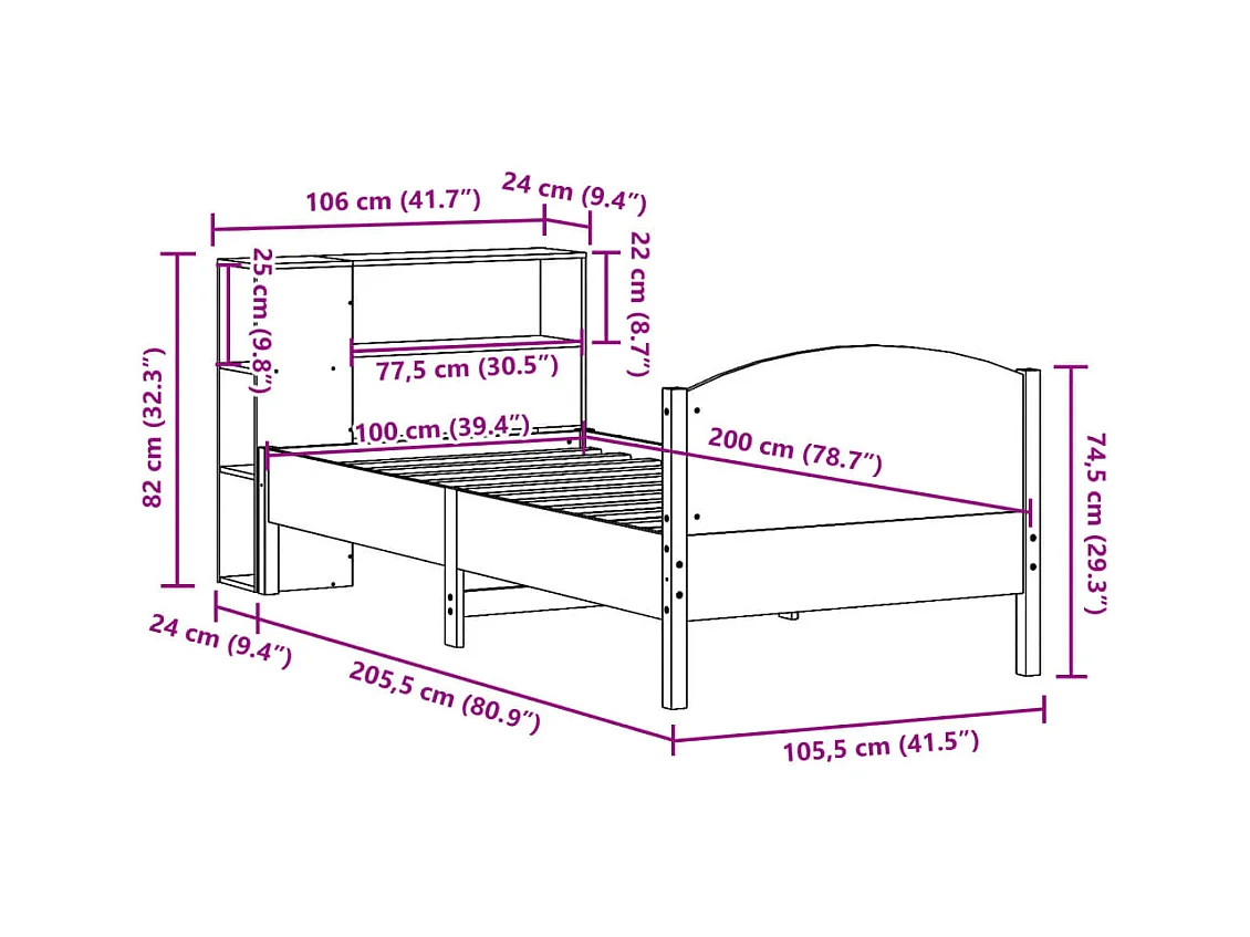 Lit bibliothèque sans matelas blanc 100x200 cm bois pin massif