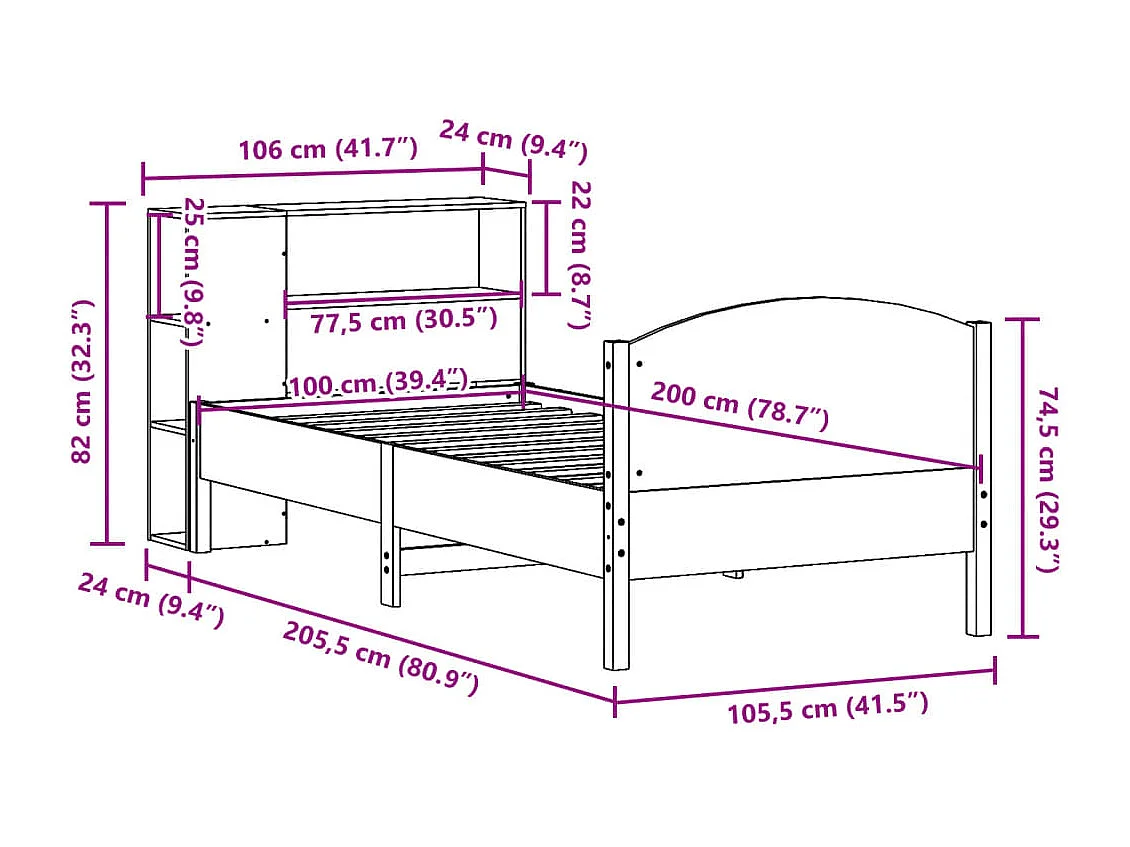 Letto Libreria senza Materasso Bianco 100x200 cm Legno di Pino