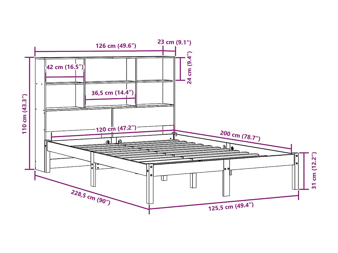 Cama con estantería sin colchón madera maciza marrón 120x200cm