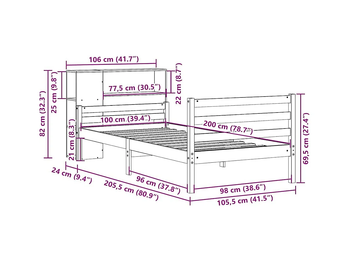 Lit bibliothèque sans matelas 100x200 cm bois massif de pin