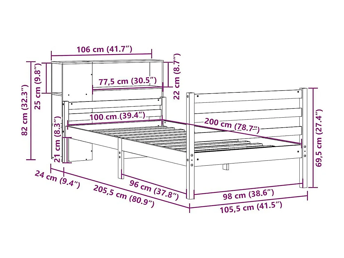 Bed met boekenkast zonder matras massief grenenhout 100x200 cm