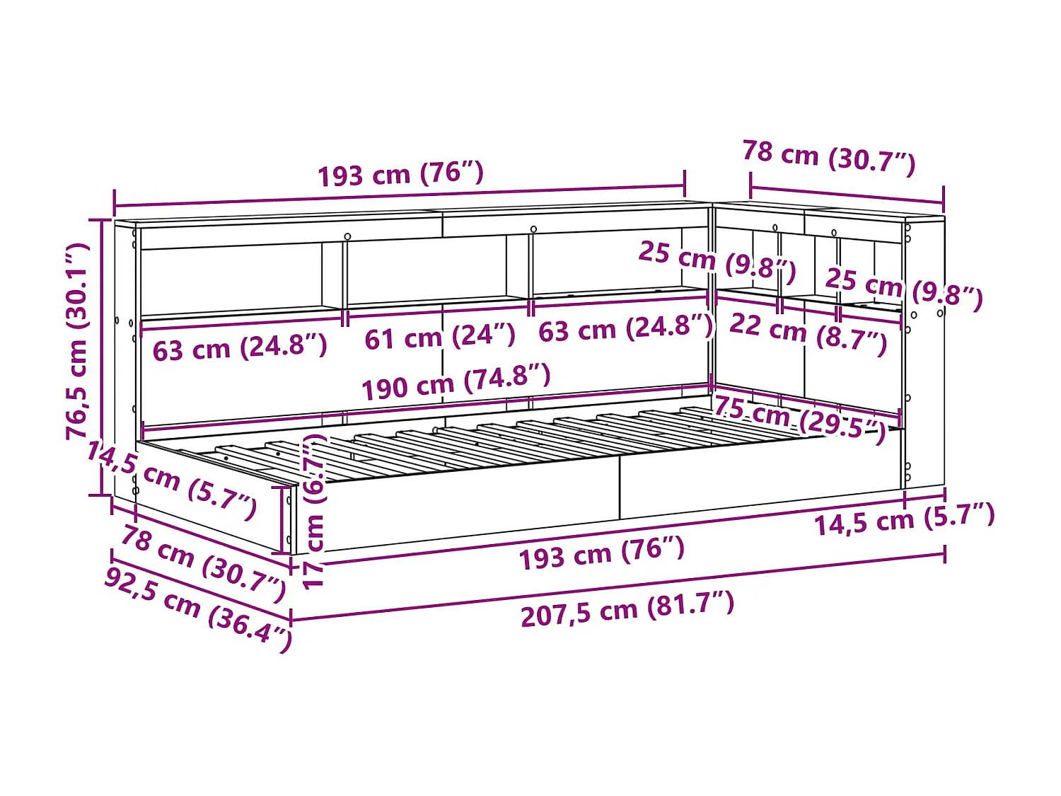 Cama com Estante Sonoma cinzento 75 x 190 cm Madeira processada