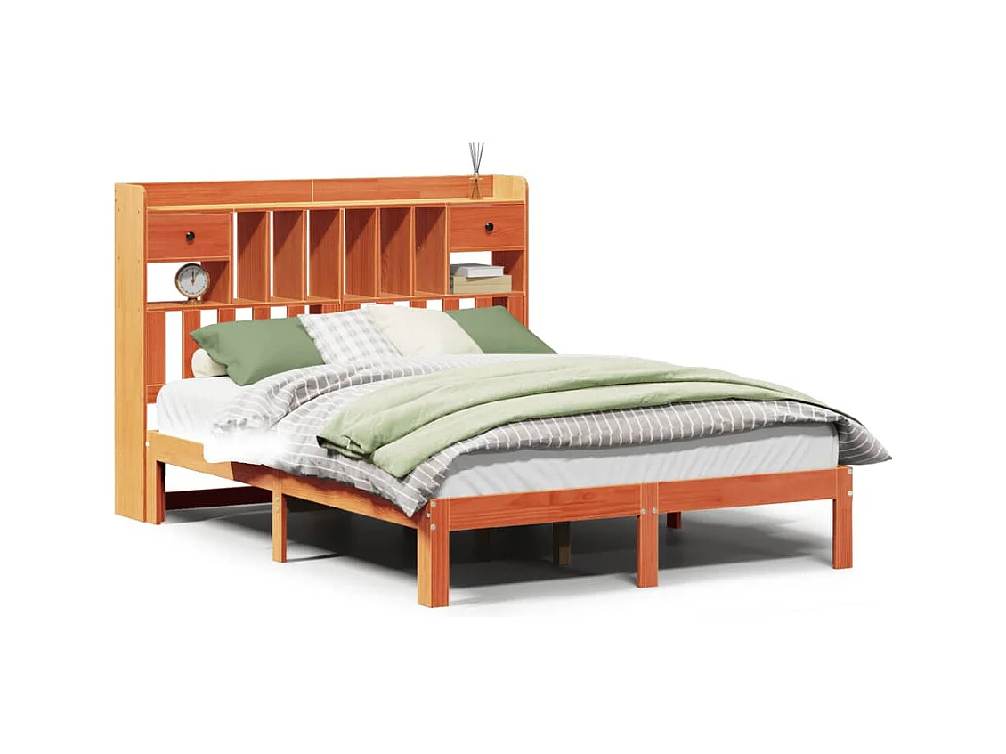 Lit bibliothèque sans matelas cire marron 140x200 cm pin massif