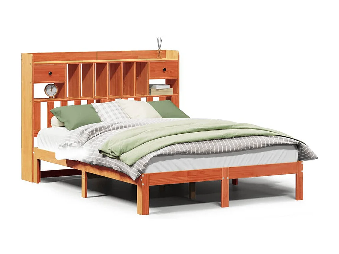 Bed met boekenkast zonder matras grenenhout wasbruin 140x200 cm