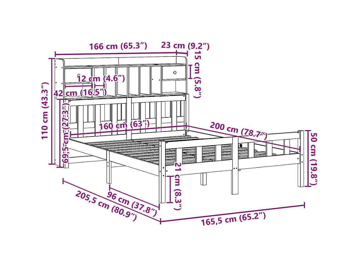 Lit bibliothèque sans matelas blanc 160x200 cm bois pin massif