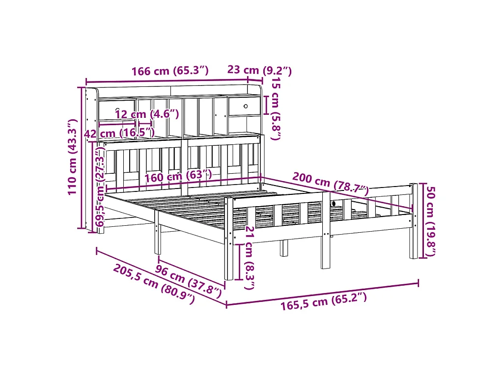 Letto Libreria senza Materasso Bianco 160x200 cm Legno di Pino