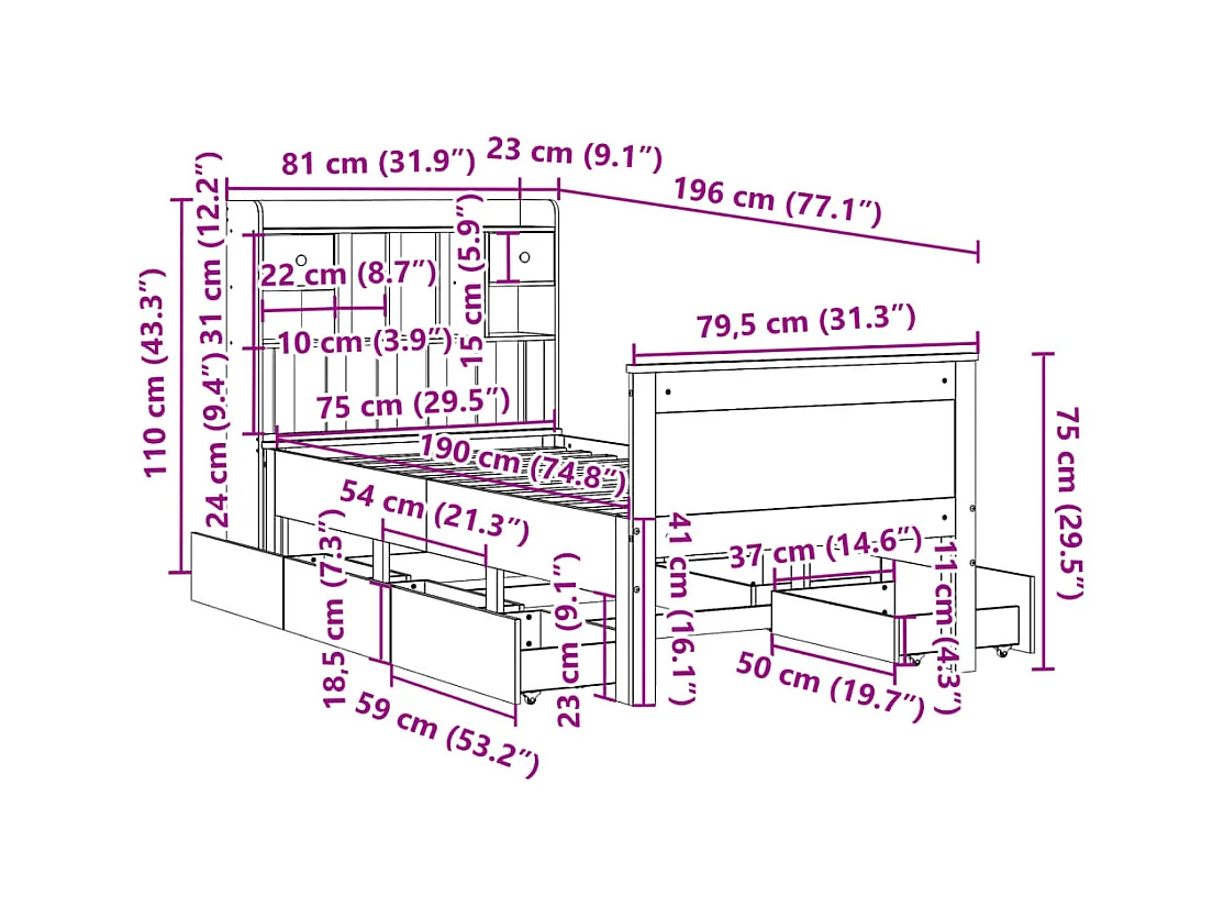 Lit bibliothèque sans matelas 75x190 cm bois de pin massif