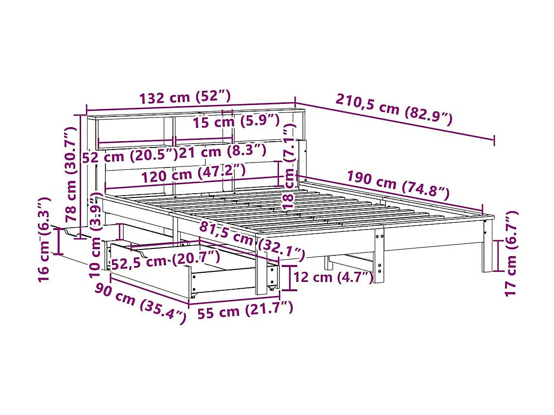 Lit bibliothèque sans matelas cire marron 120x190cm pin massif