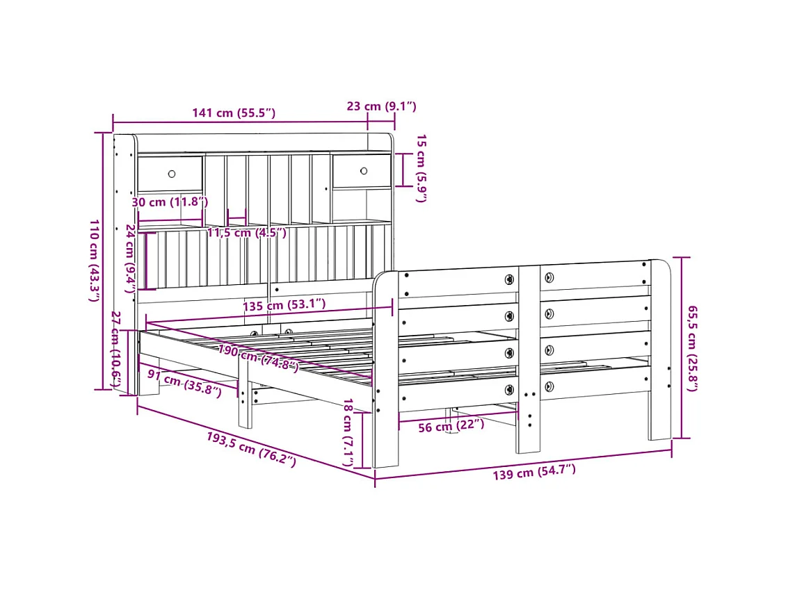 Cama con estantería sin colchón madera maciza de pino 135x190cm