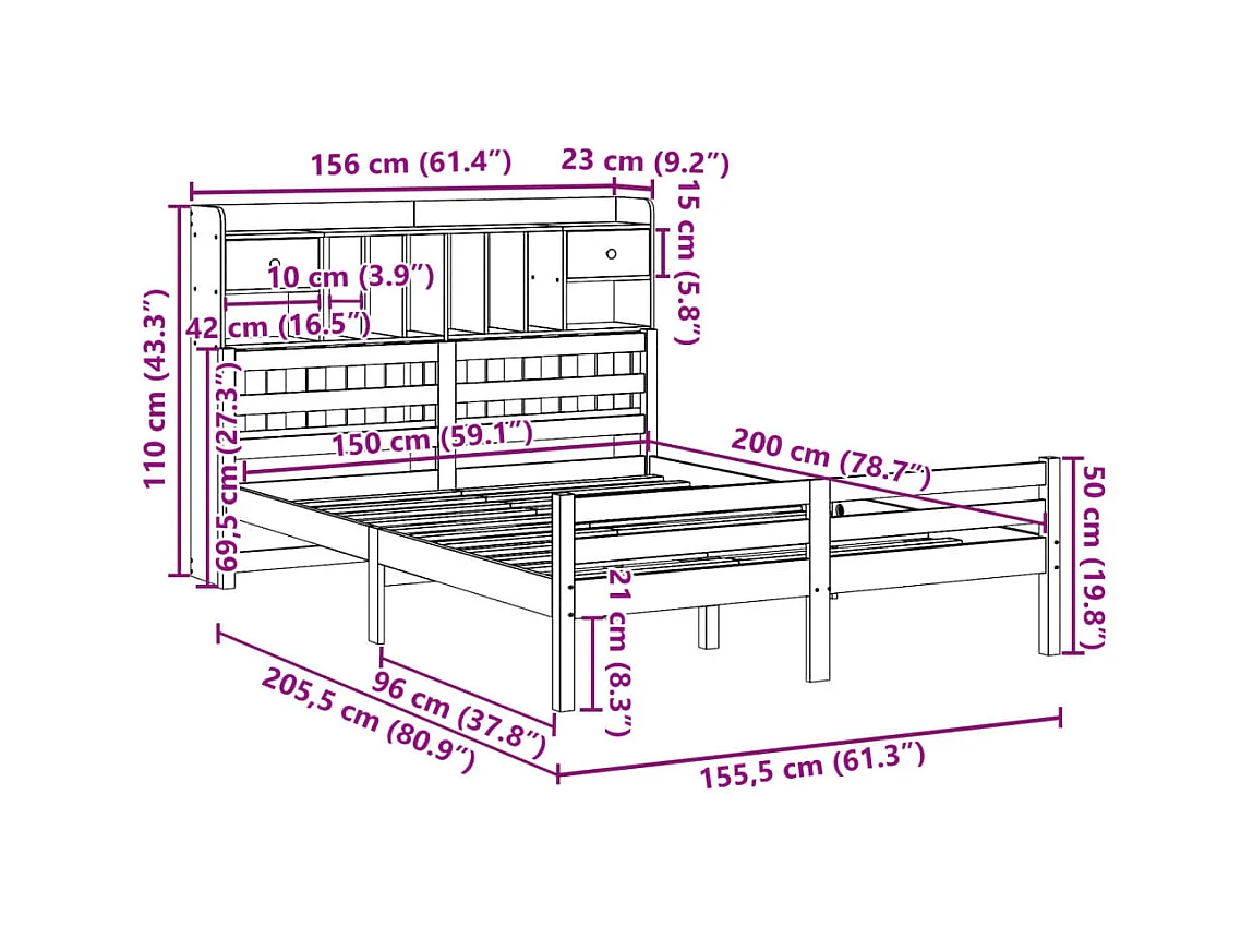 Lit bibliothèque sans matelas blanc 150x200 cm bois pin massif