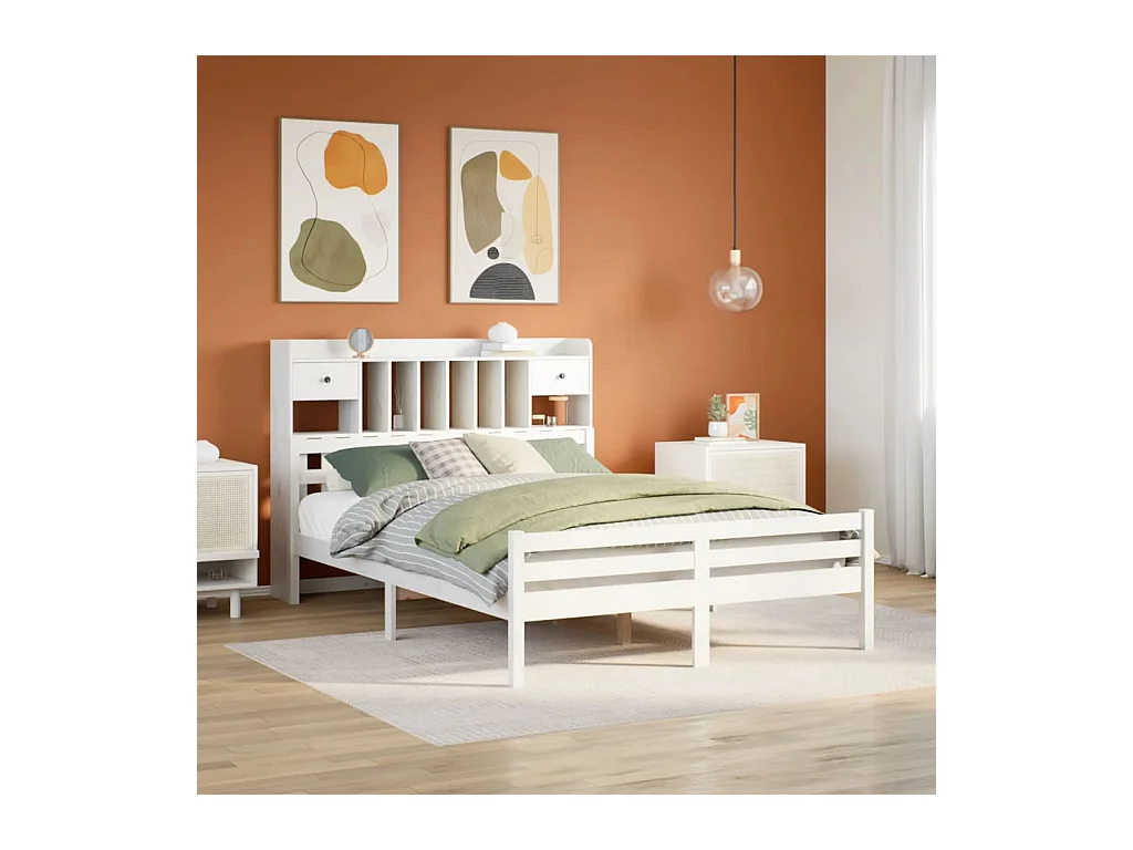 Lit bibliothèque sans matelas blanc 150x200 cm bois pin massif