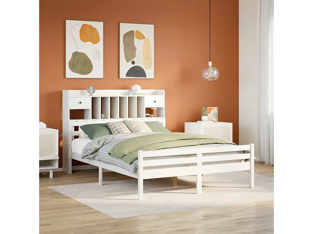 Lit bibliothèque sans matelas blanc 150x200 cm bois pin massif