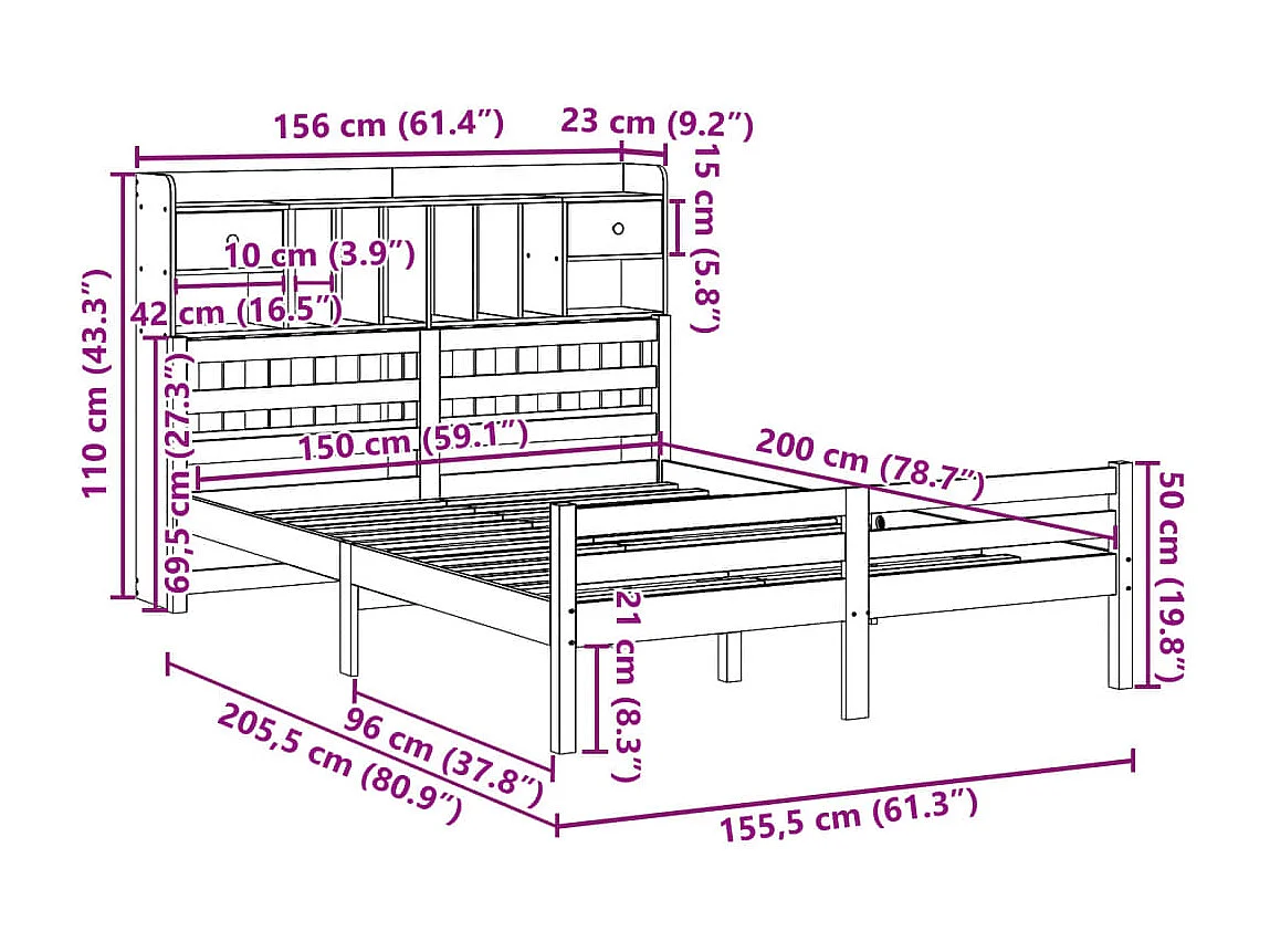 Lit bibliothèque sans matelas blanc 150x200 cm bois pin massif