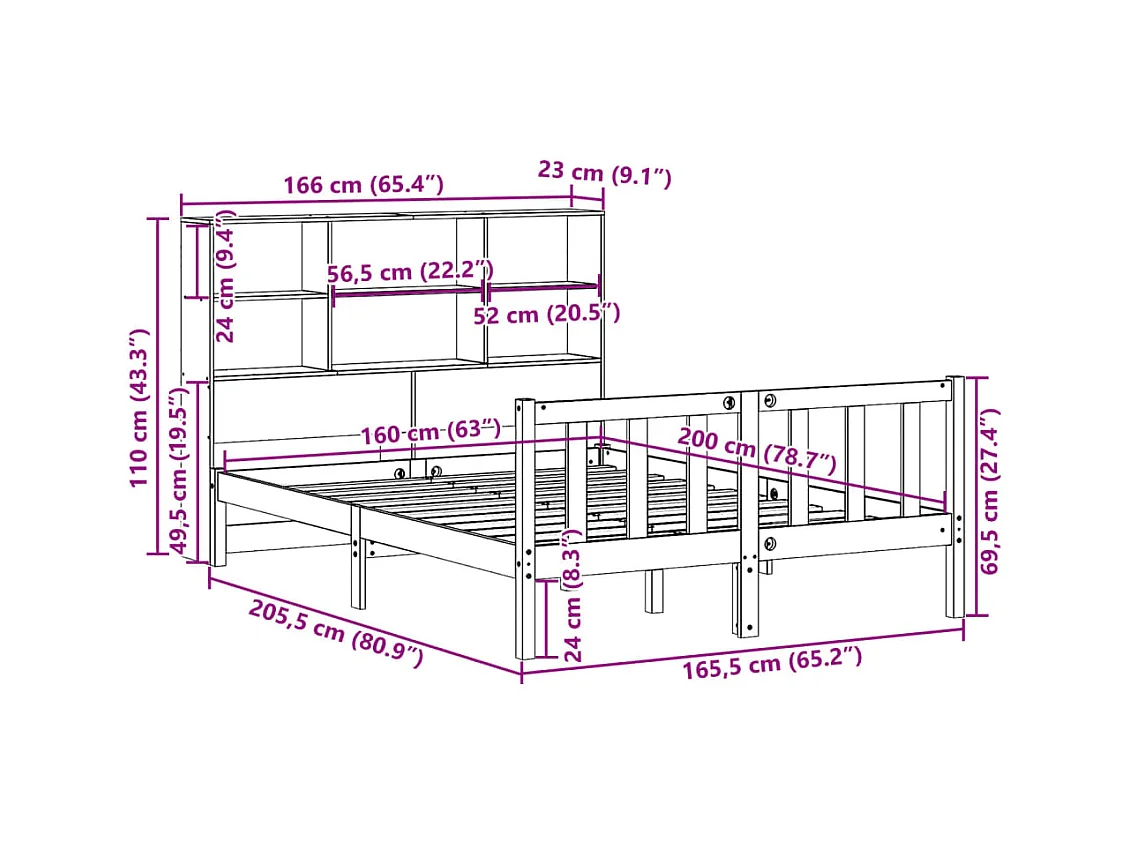 Lit bibliothèque sans matelas 160x200 cm bois massif de pin