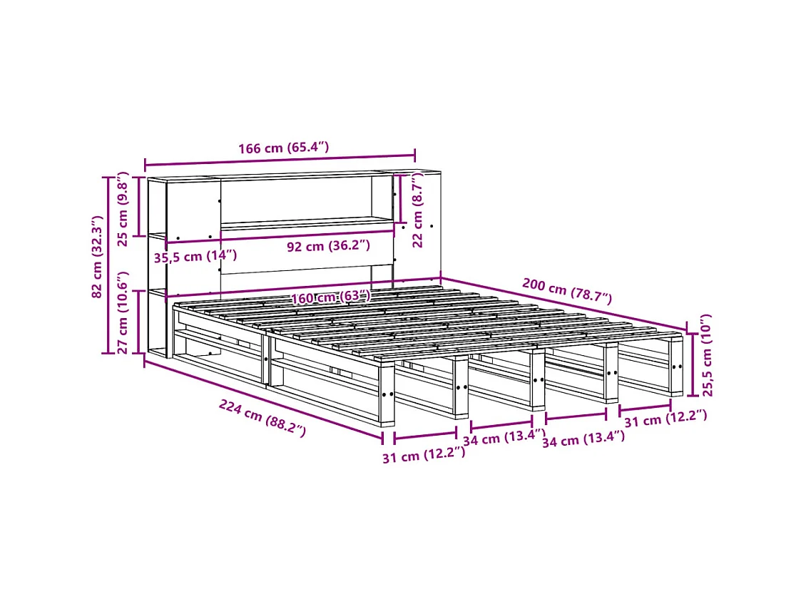 Lit bibliothèque sans matelas cire marron 160x200cm bois massif