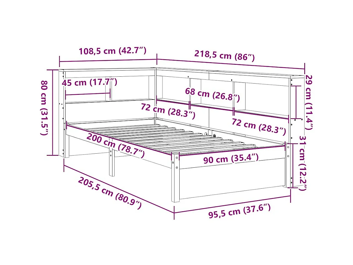 Cama con estantería sin colchón madera maciza blanco 90x200 cm