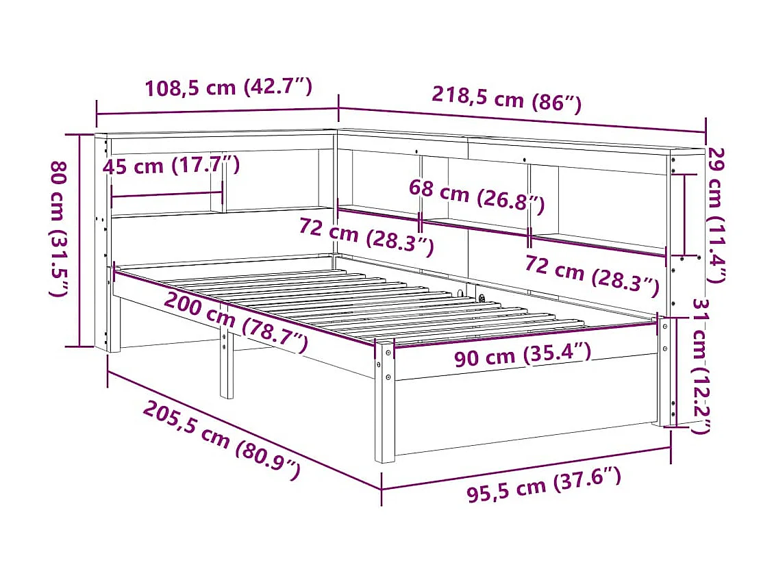 Lit bibliothèque sans matelas blanc 90x200cm bois de pin massif
