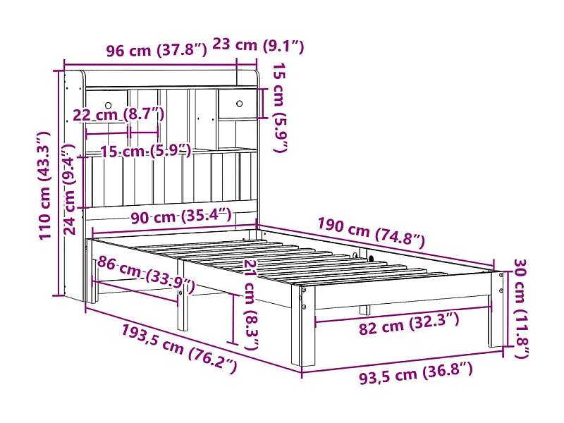 Letto Libreria senza Materasso 90x190 cm Legno Massello Pino