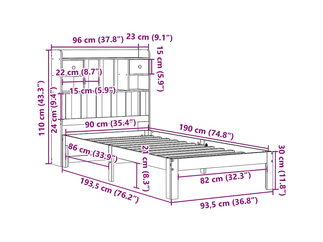 Lit bibliothèque sans matelas 90x190 cm bois de pin massif