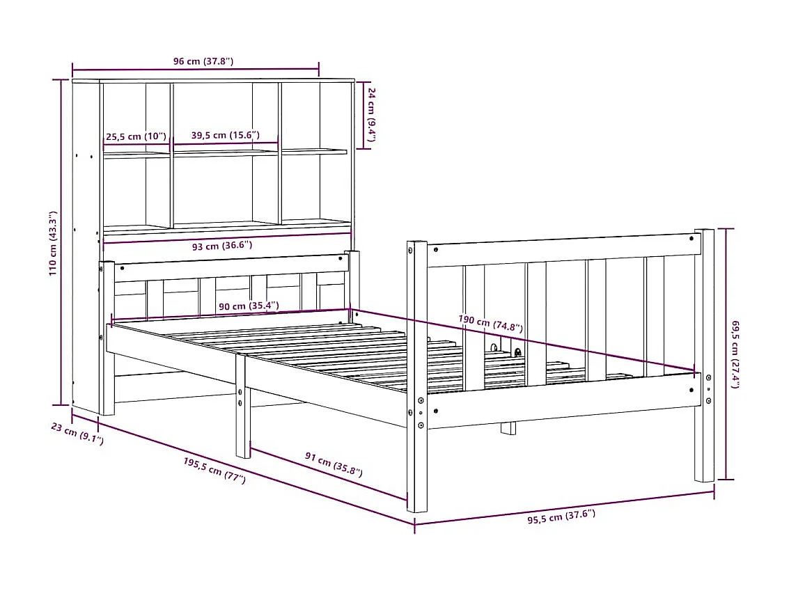 Lit bibliothèque sans matelas 90x190 cm bois de pin massif