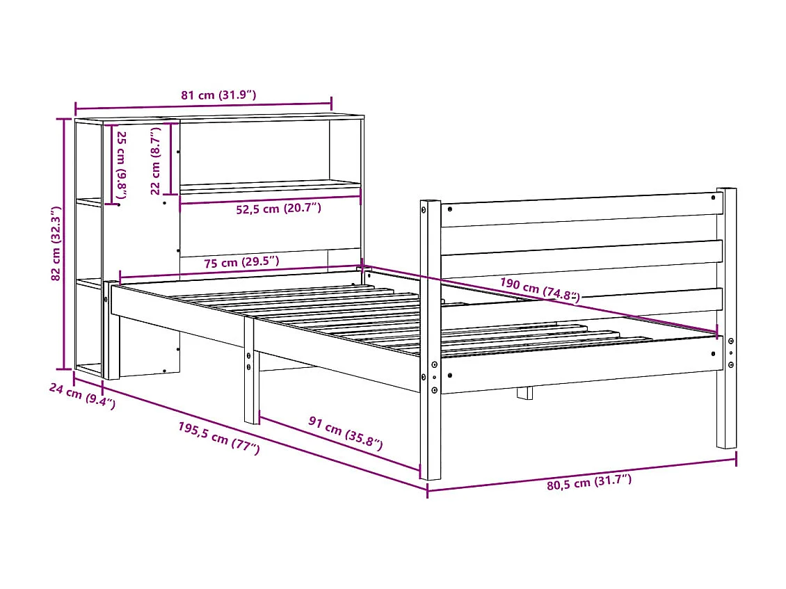 Cama con estantería sin colchón madera maciza marrón 75x190 cm