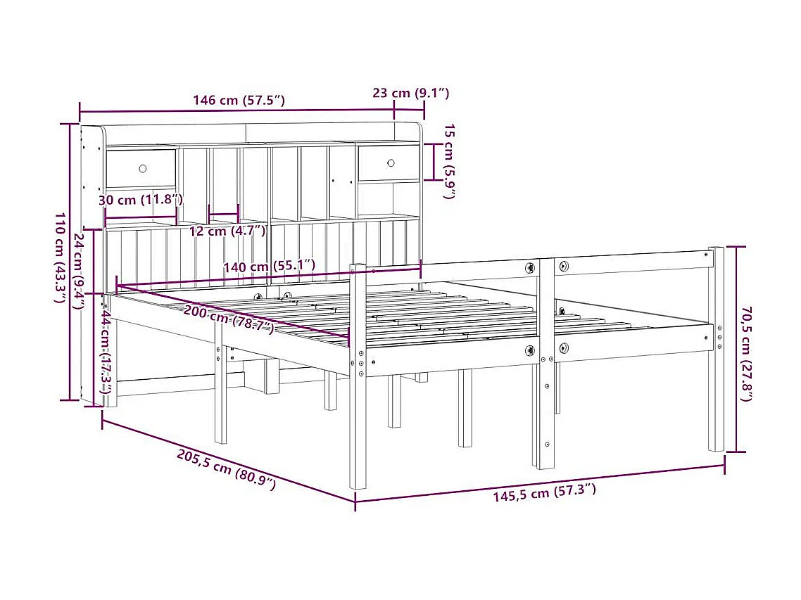 Massivholzbett mit Regal ohne Matratze 140x200 cm Kiefernholz