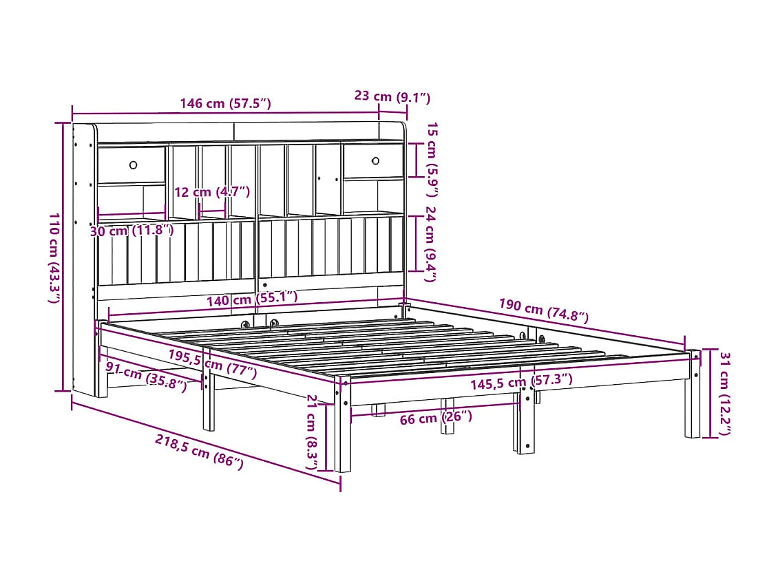 Massivholzbett mit Regal ohne Matratze 140x190 cm Kiefernholz