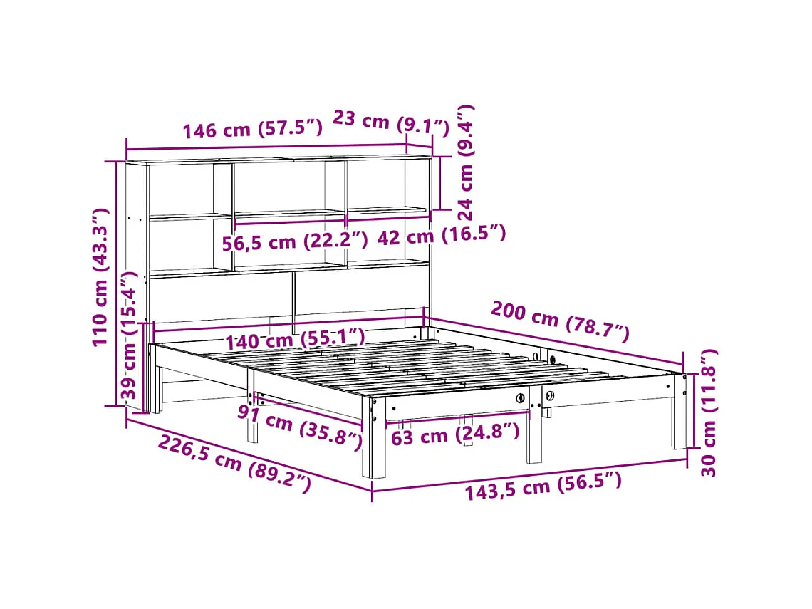 Lit bibliothèque sans matelas blanc 140x200 cm bois pin massif