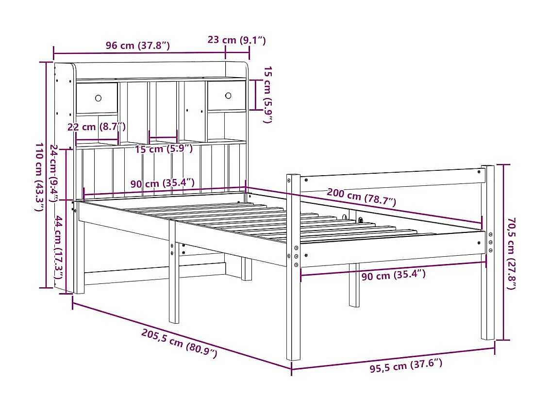 Lit bibliothèque sans matelas 90x200 cm bois de pin massif
