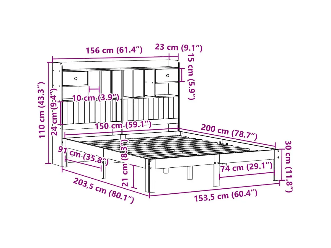 Massivholzbett mit Regal ohne Matratze Weiß 150x200 cm Kiefer