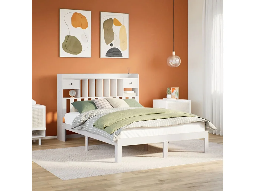 Cama com estante sem colchão 150x200 cm pinho maciço branco