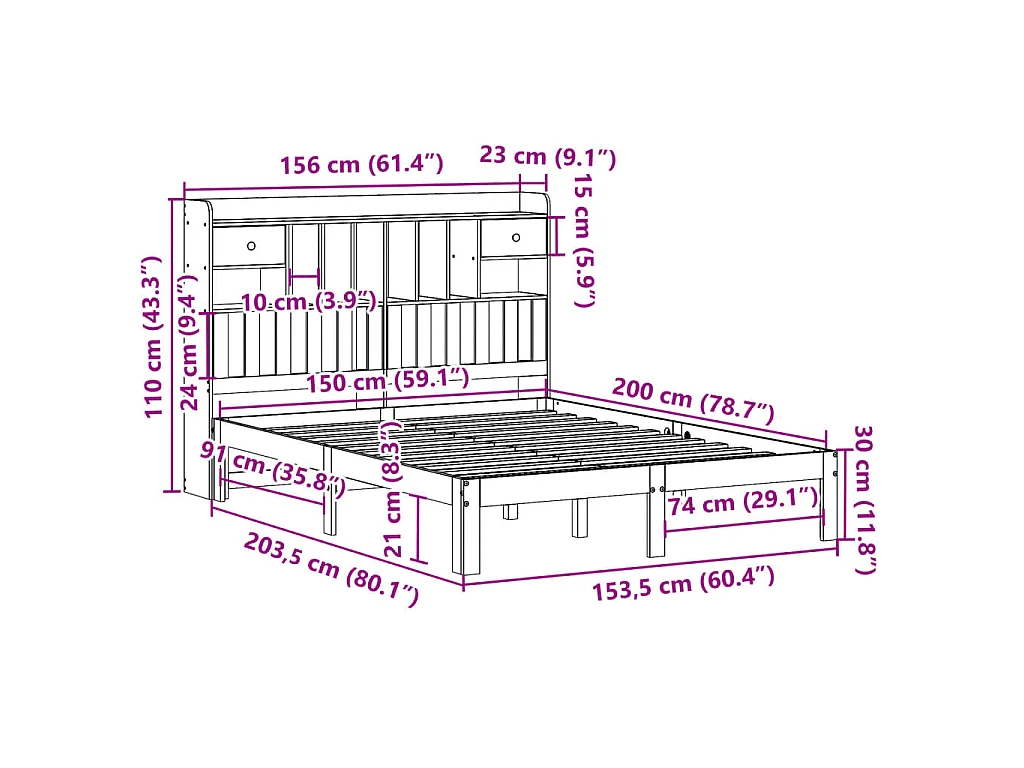 Cama com estante sem colchão 150x200 cm pinho maciço branco