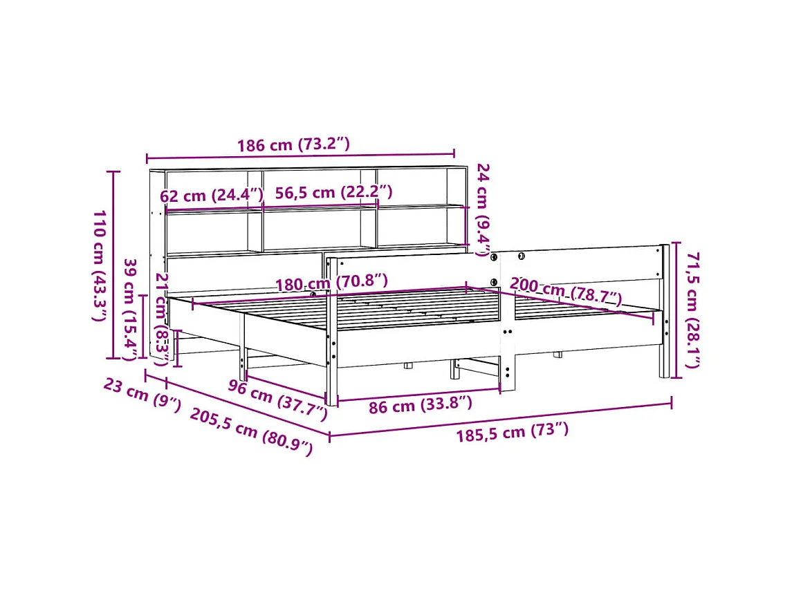 Lit bibliothèque sans matelas blanc 180x200 cm bois pin massif